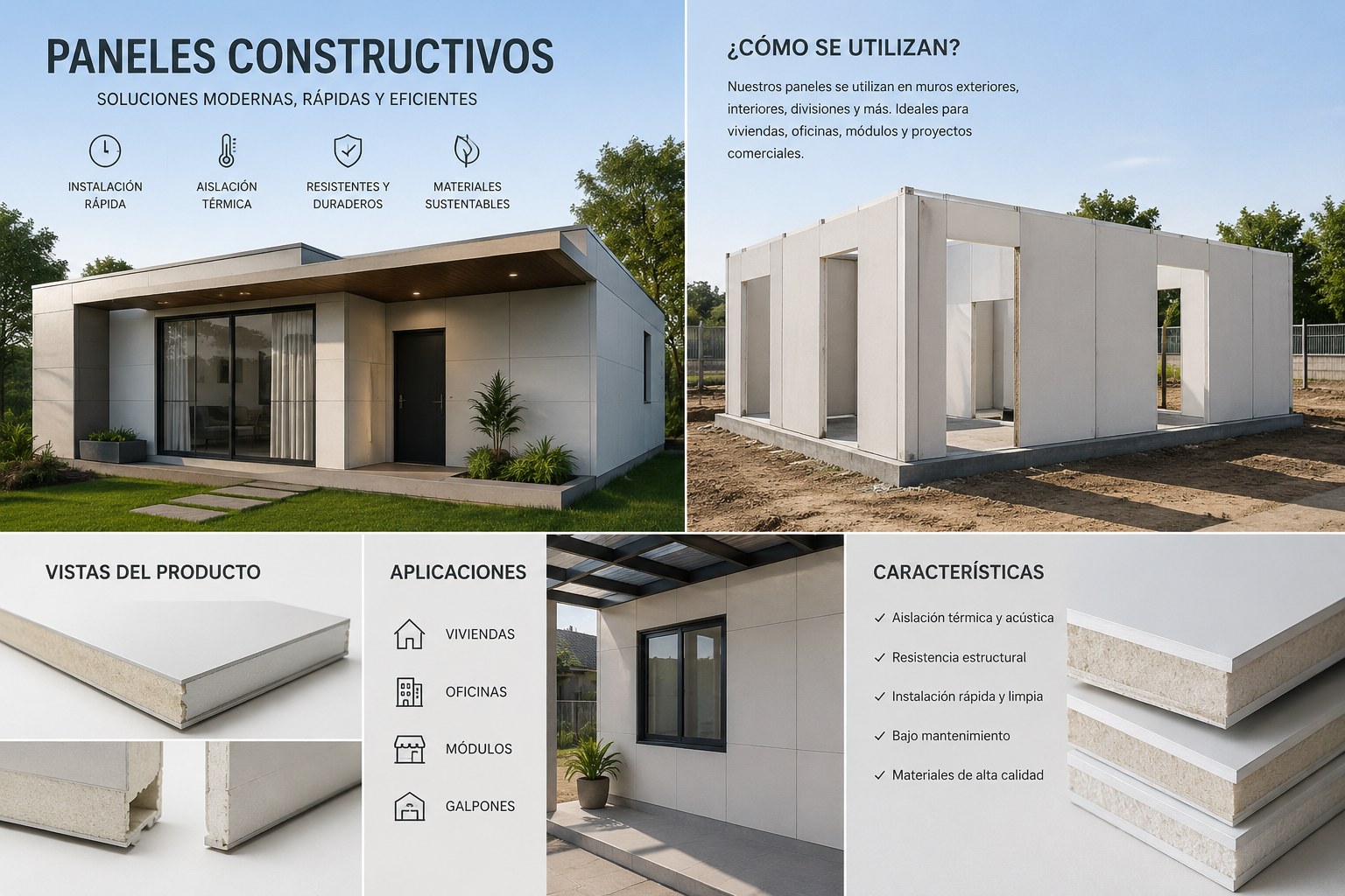 Paneles constructivos SIP Malu — vivienda terminada, estructura en obra, vistas del producto, aplicaciones y características